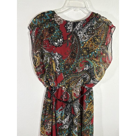 Focus Women’s Burgundy Paisley Design Sz 8 Dress Belted Sleeveless Key Hole Back - Picture 5 of 7